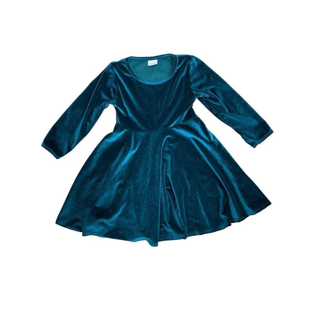 Girls Velvet Dress Teal Long Sleeve Skater Party Holiday Size 4T